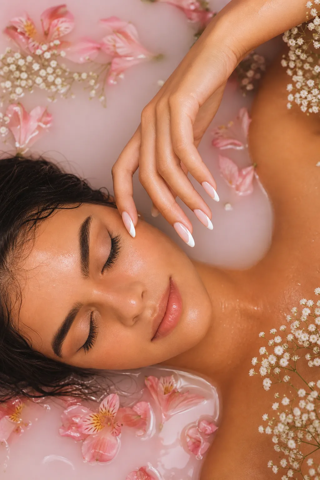 Mãos com manicure delicada entre pétalas